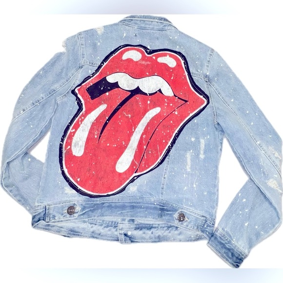 Small Sojara Distressed Blue Denim Jacket Paint Splatter & Pins on Front ✨ 👅🌟 - Picture 1 of 5